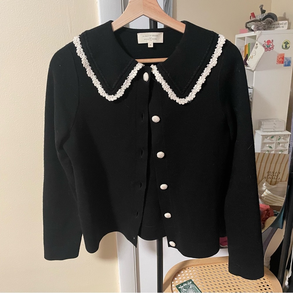 Sezane Bethany Cardigan sz M- Black Cardigan with White Trim